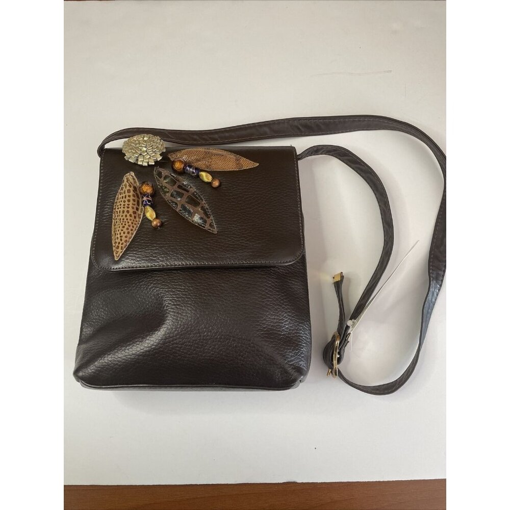 NWT Karam Genuine Leather Crossbody Purse Handbag Brown‎ Floral 3D Adjustable